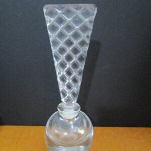 Pressed Glass Round Perfume Bottle Tall Etched Stopper-Partial Label